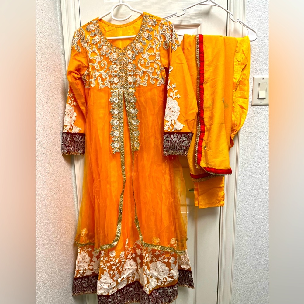 Bright Yellow Net Embroidered Anarkali Suit.